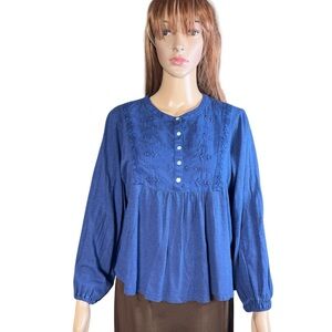 NWT New Lucky Brand Embroidered Crochet Trim Blue Top Size S